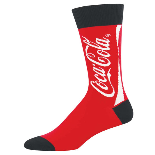 A pair of red crew socks with the white Coca-Cola logo printed on the side, featuring a black heel and toe.