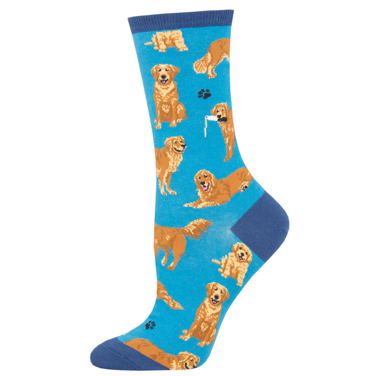 A pair of blue cotton crew socks featuring illustrations of golden retriever dogs in various poses.