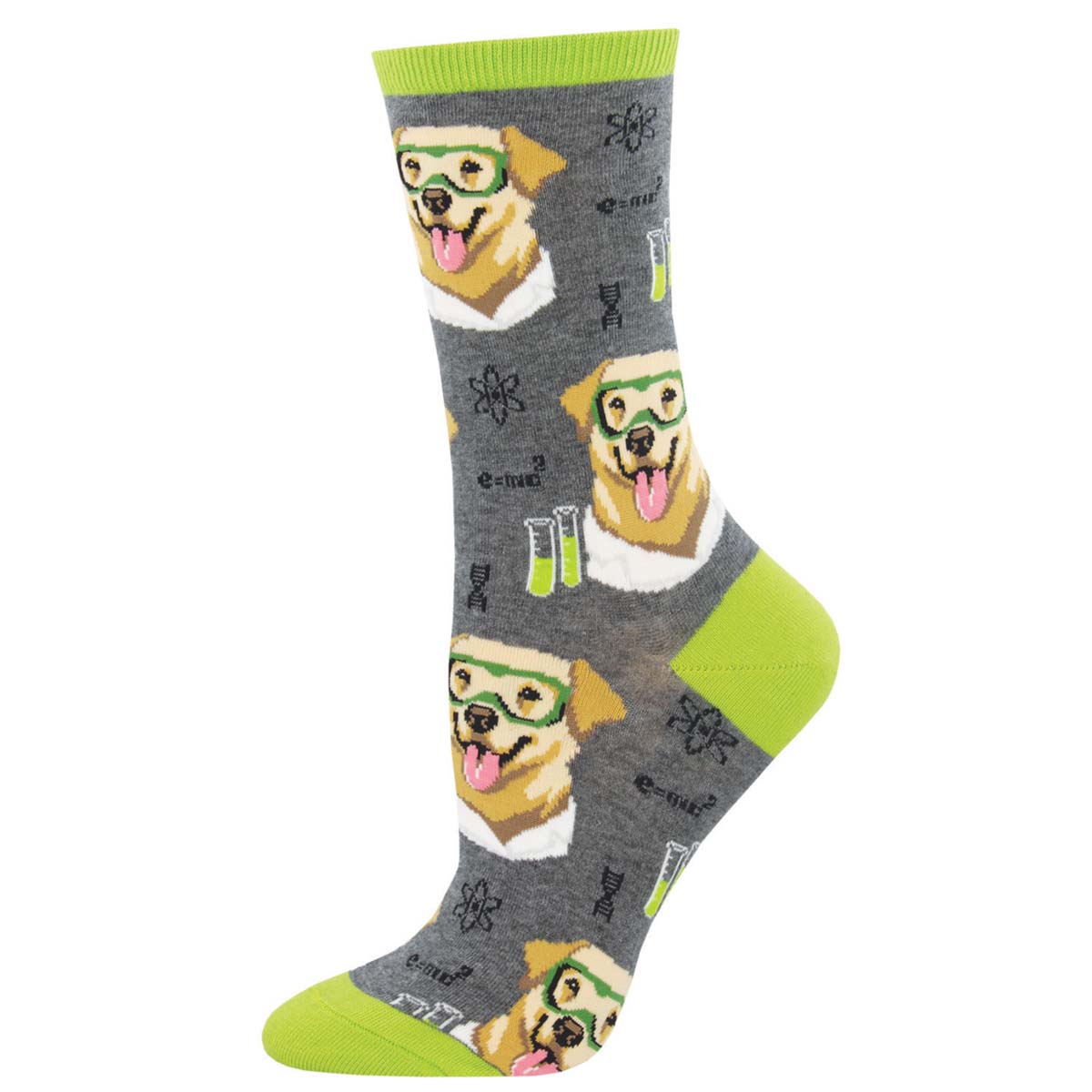 A pair of heather gray crew socks with a pattern featuring a laboratory-themed dog wearing goggles and beakers. 'Science Lab!'