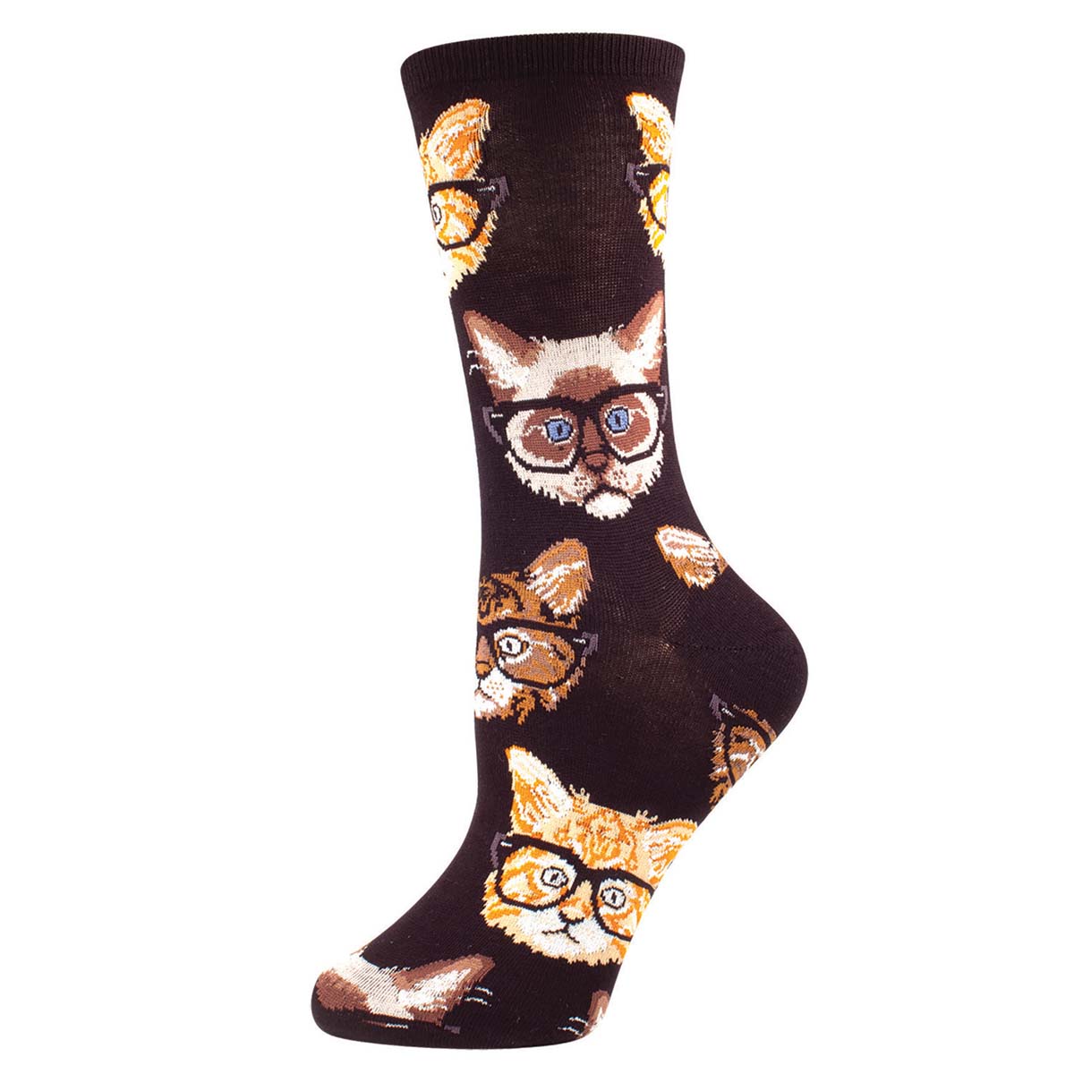 A pair of women's black socks with a pattern of cartoon cats wearing glasses and other accessories on a brown background.