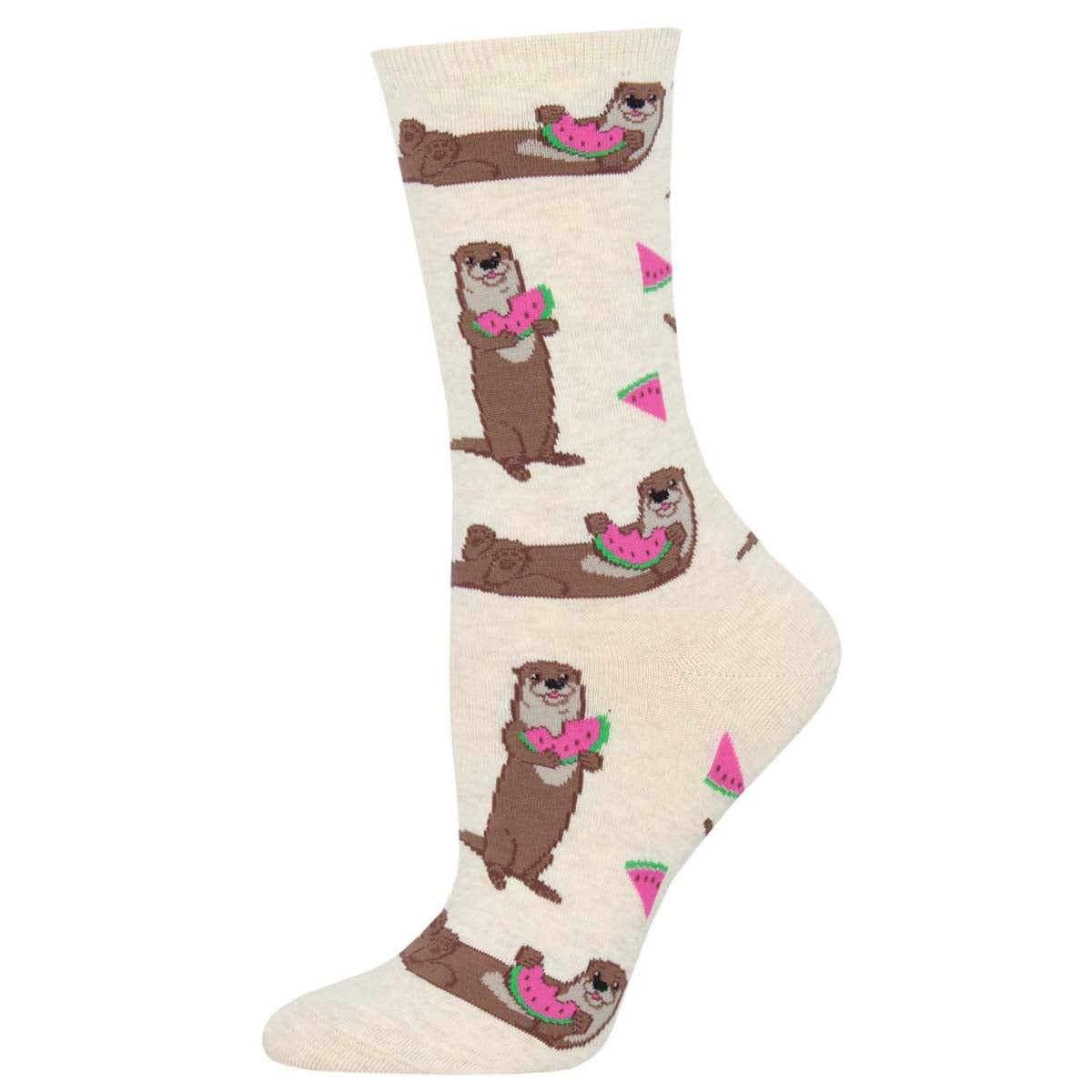A pair of white crew socks with a pattern of otters holding watermelon slices and pink accents on the design.