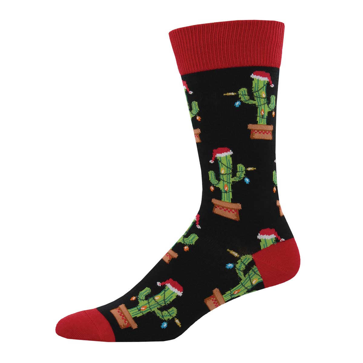 A pair of black crew socks with a pattern of cactus plants adorned with Christmas lights.