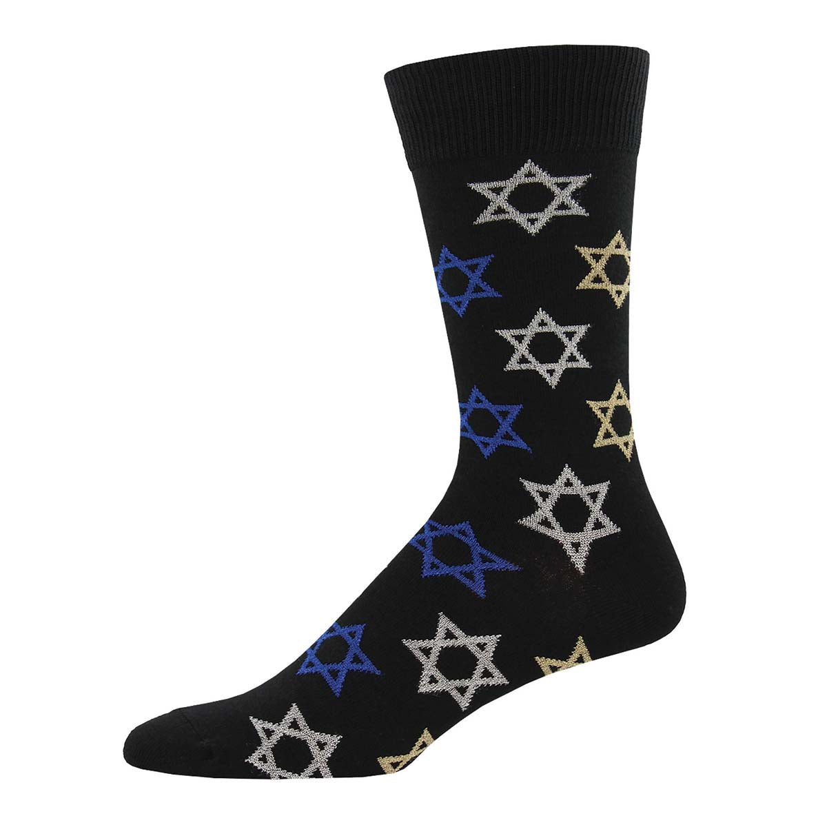 A black crew sock with a pattern of multicolored star of david symbols.