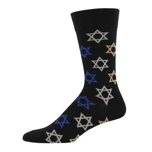 A black crew sock with a pattern of multicolored star of david symbols.
