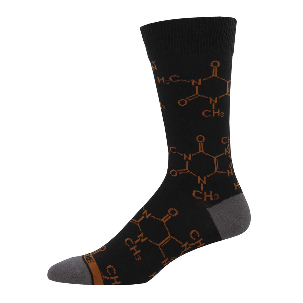 A pair of black crew socks with the caffeine molecule pattern in brown color.