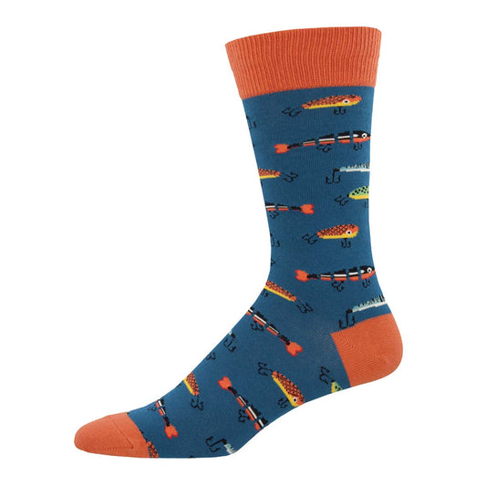 Men's Cotton Crew Socks - Fish On Hooks Design - Blue and Orange - Socksmith