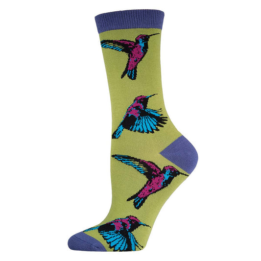 A pair of green bamboo socks with purple accents and a pattern of multicolored hummingbirds.
