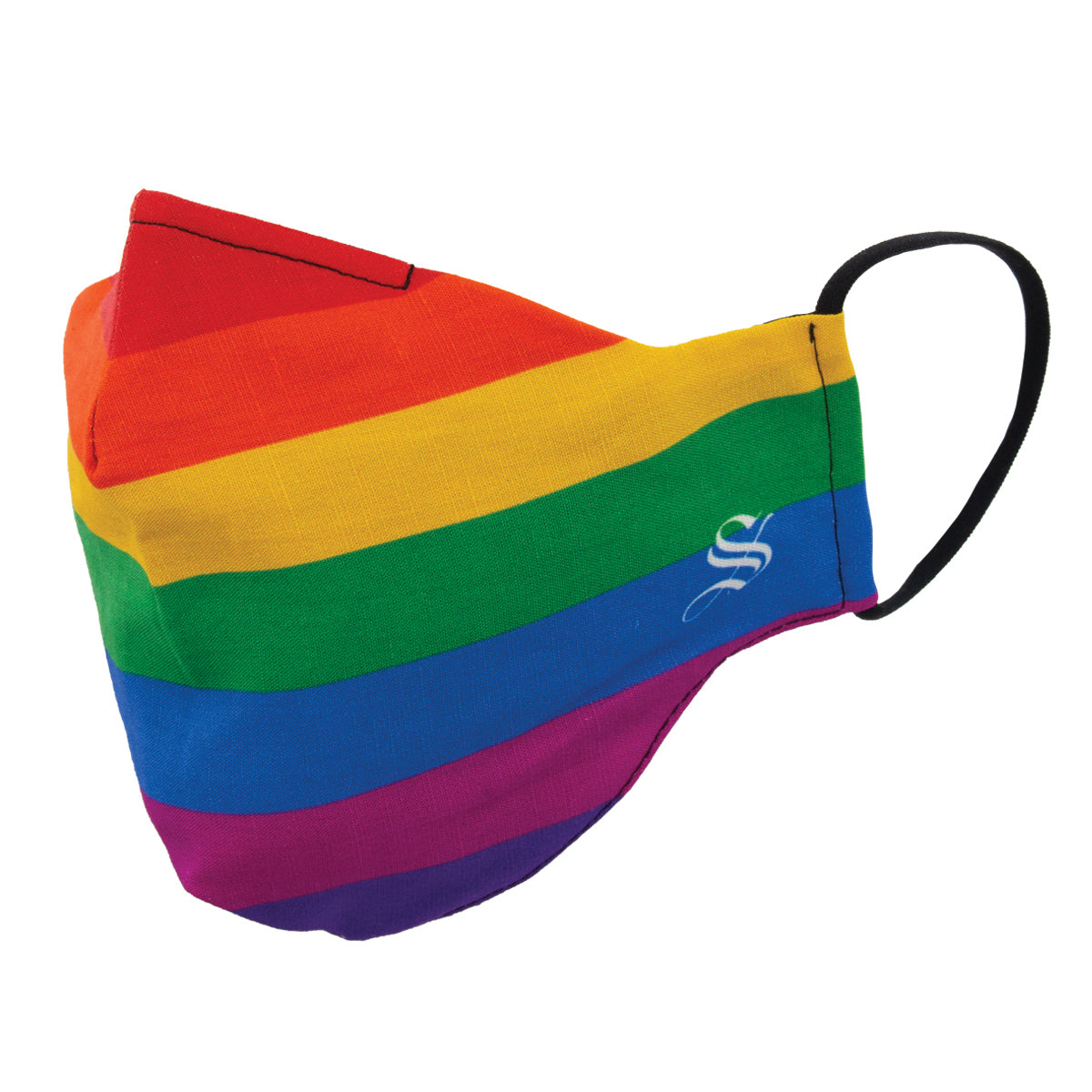 A multicolored striped face mask with a prominent rainbow design, featuring an adjustable ear loop and a nose wire for a snug fit.