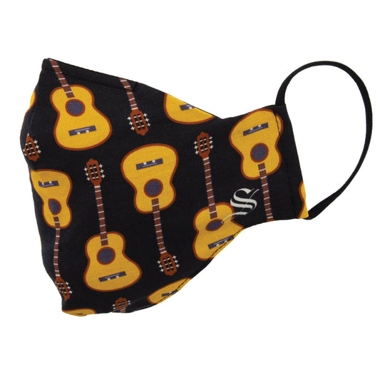 A black fabric face mask with a pattern of yellow guitars, featuring an adjustable black strap and a white logo.