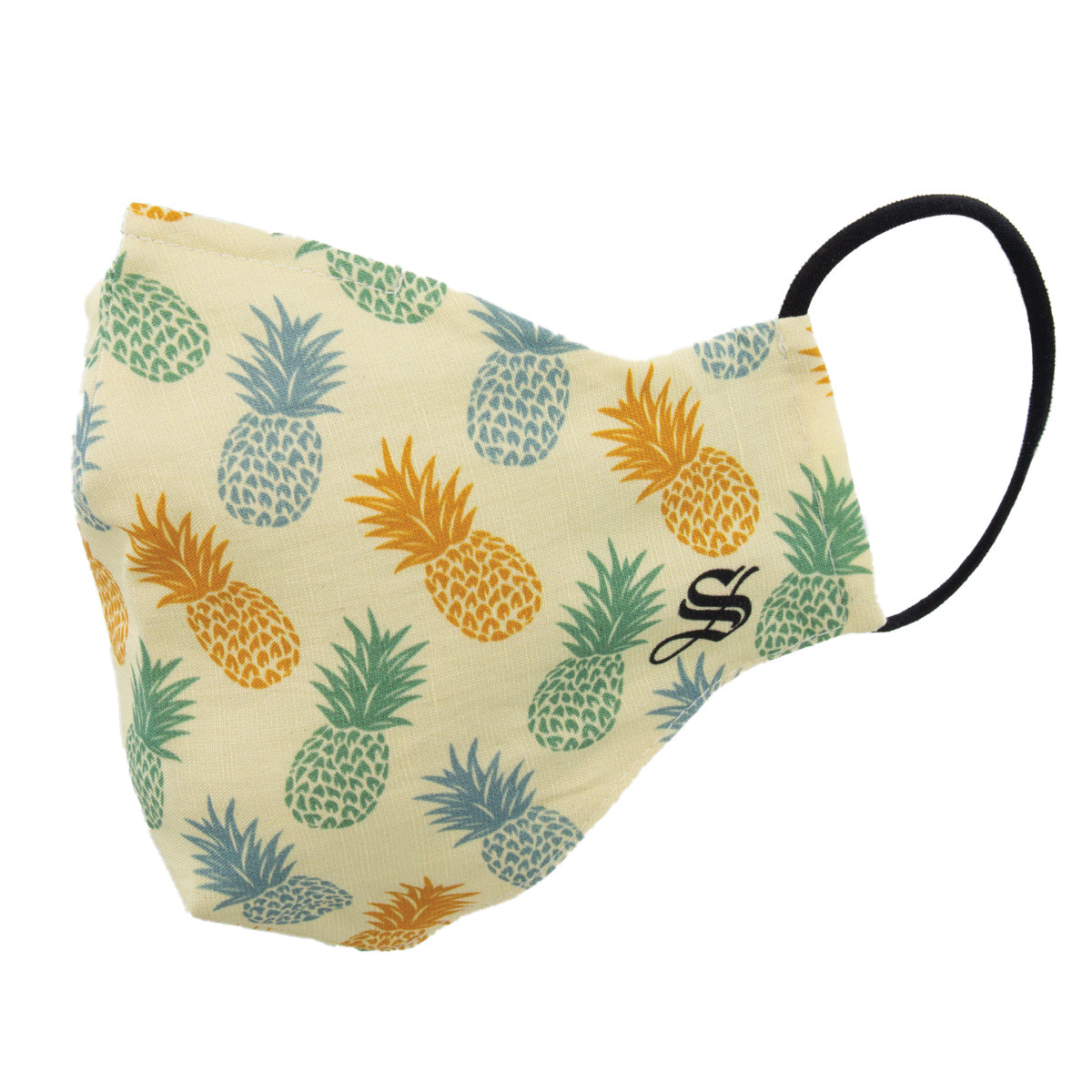 A face mask with a pattern of colorful pineapples, featuring an adjustable ear loop and a nose wire for a snug fit.