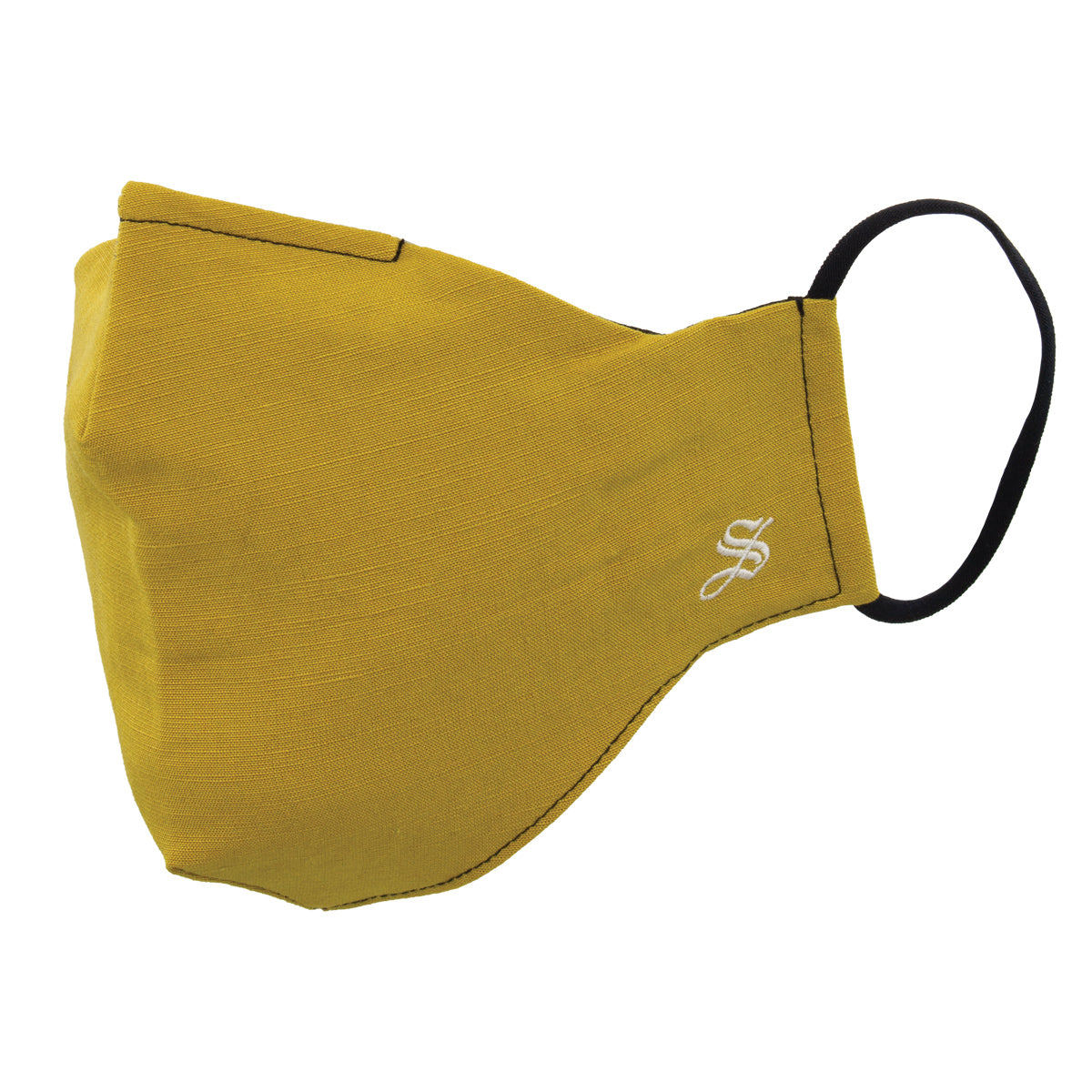 A solid yellow gold face mask with an adjustable loop behind the ear and a metal strip across the nose bridge.