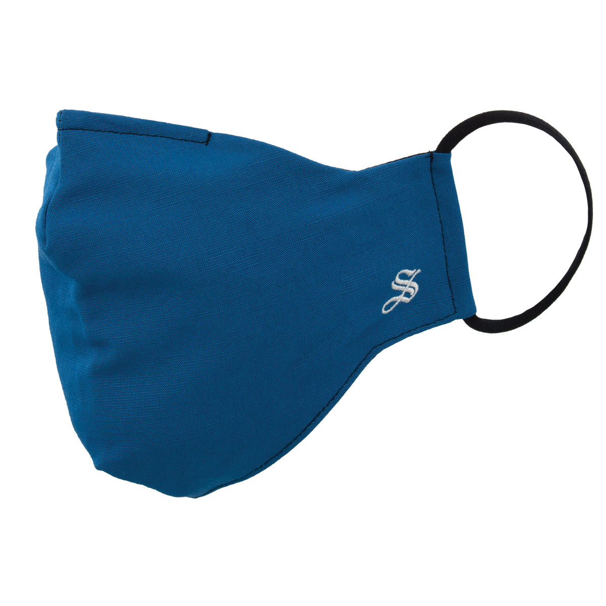 A solid blue face mask with an adjustable loop behind the ear and a metal strip across the nose bridge.