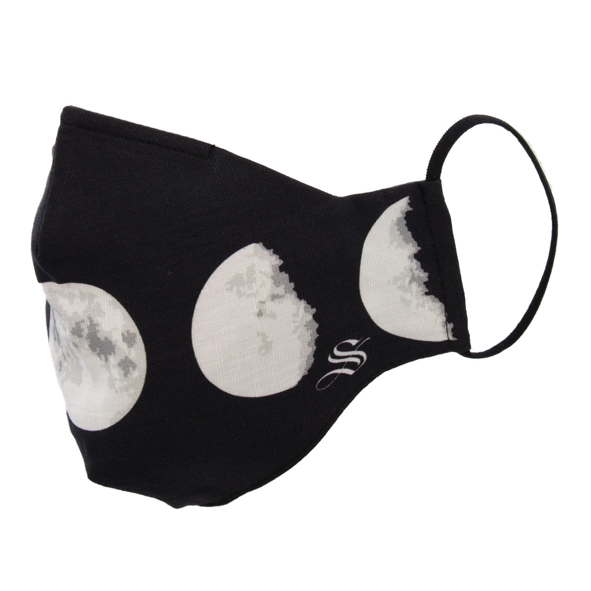 A black fabric face mask with a moon phase pattern, featuring a metal strip across the nose bridge and elastic ear loops.