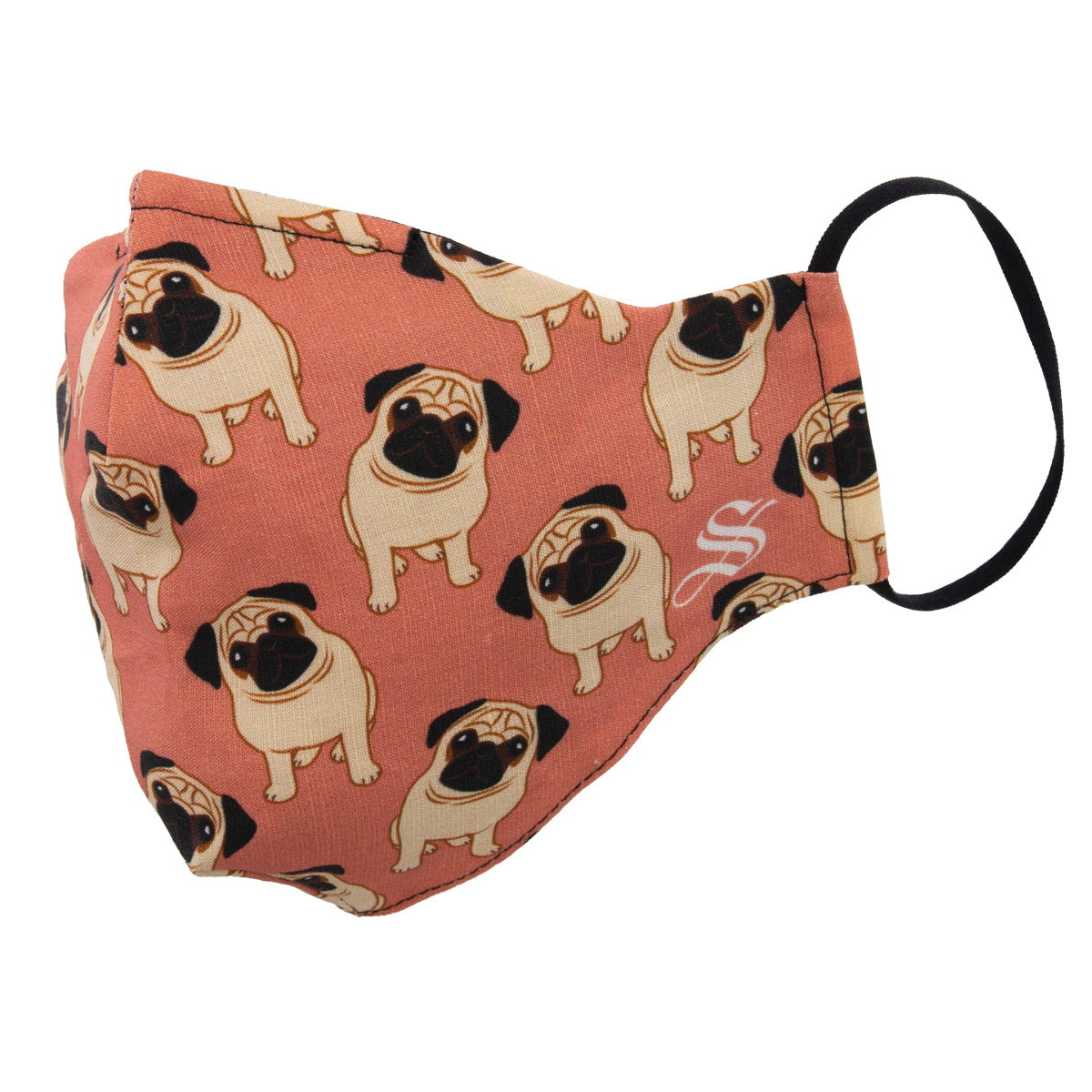 A fabric face mask with a pattern of pug dogs in beige color on a pink background, with an adjustable black strap.
