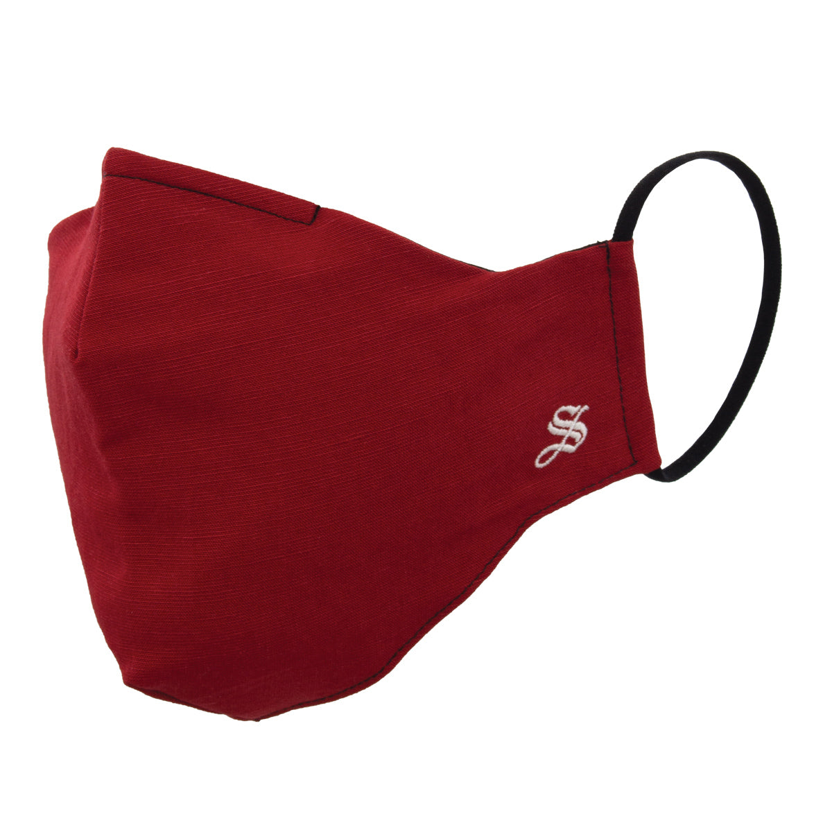 A solid red face mask with an adjustable loop behind the ear and a metal strip across the nose bridge.