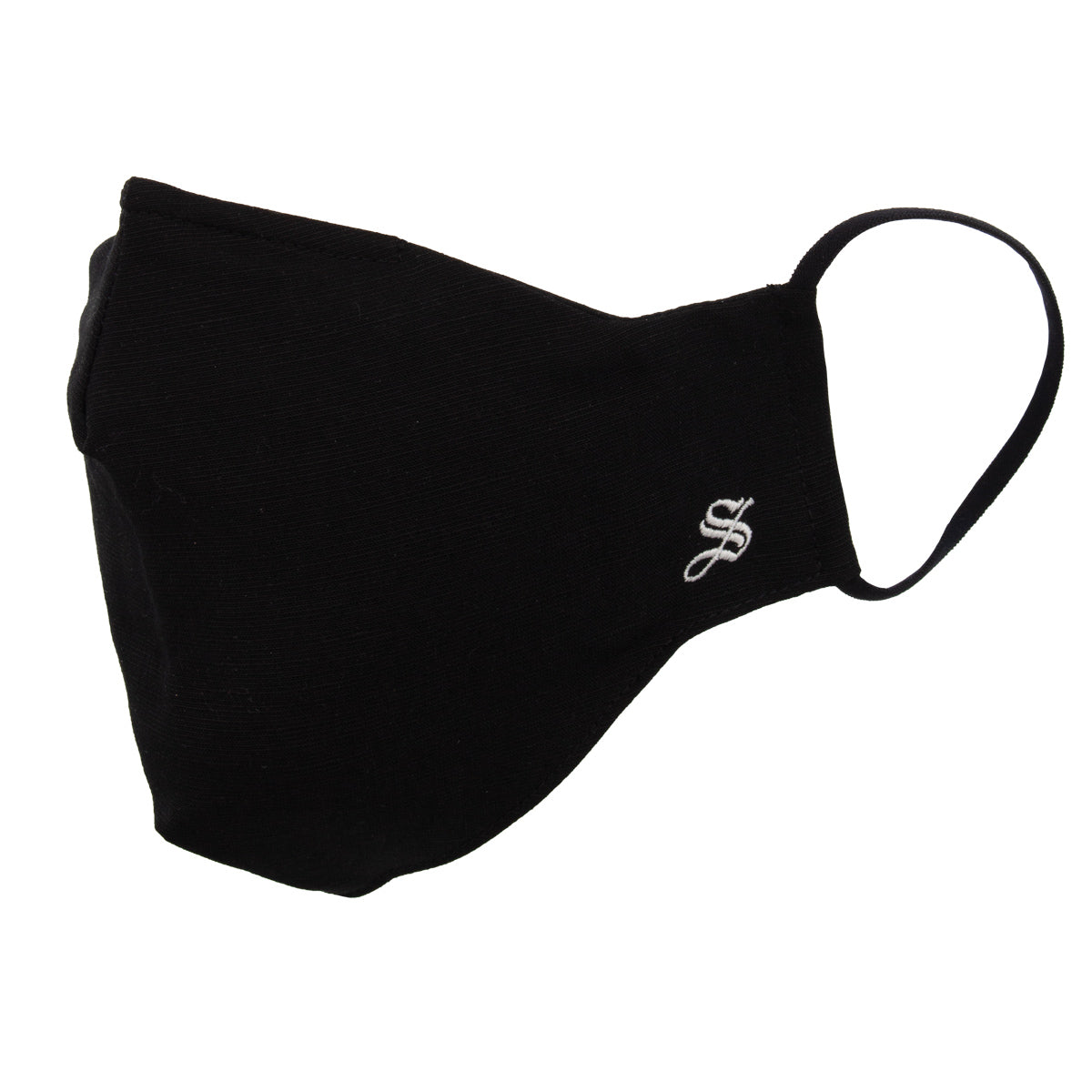 A solid black face mask with an adjustable loop behind the ear and a metal strip across the nose bridge.