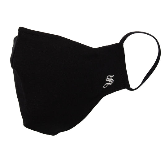 A solid black face mask with an adjustable loop behind the ear and a metal strip across the nose bridge.