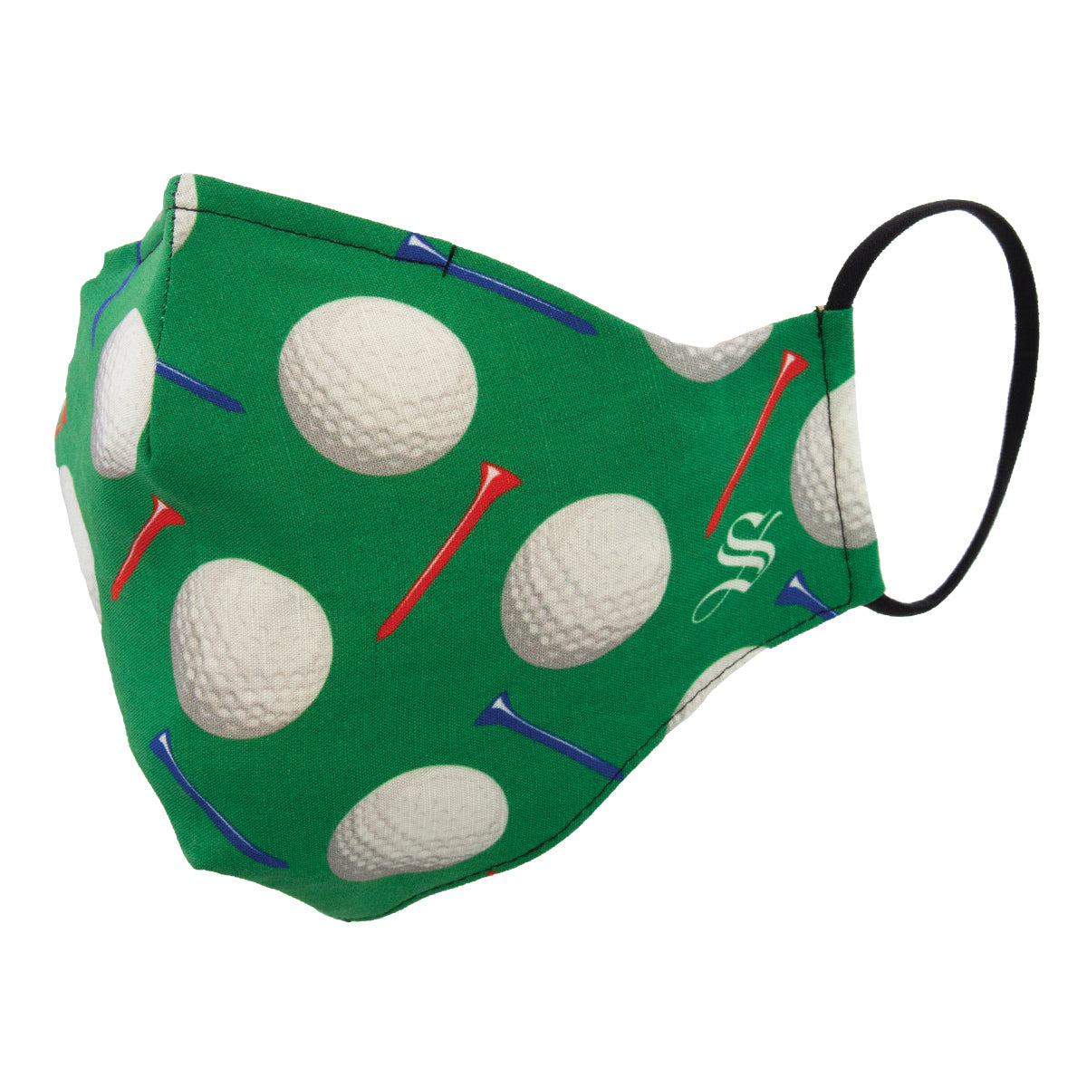 A green face mask with a pattern of white golf balls and red tees, featuring a black adjustable strap and a metal strip across the nose bridge.