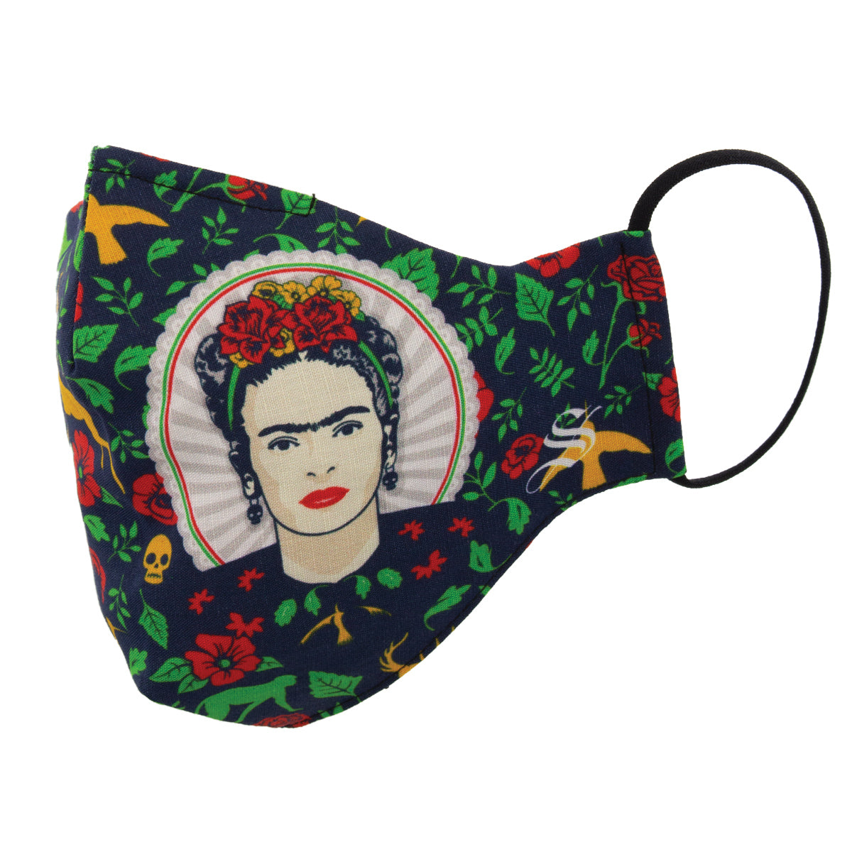 A fabric face mask with a vibrant floral pattern featuring prominent red and green colors, with a graphic of a woman's face in the center.