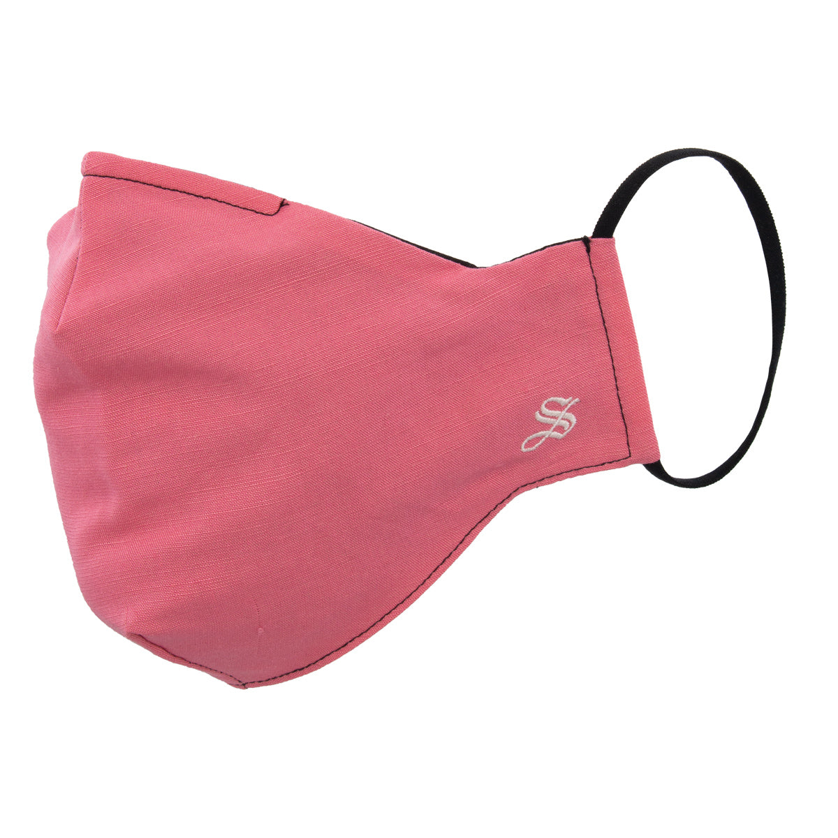 A solid pink face mask with an adjustable loop behind the ear and a metal strip across the nose bridge.