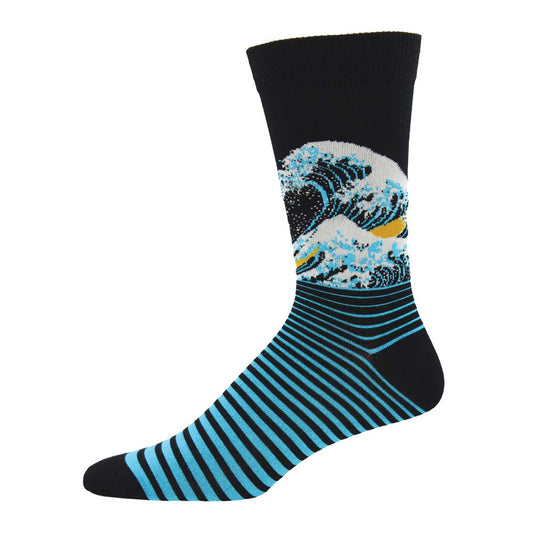 A pair of bamboo socks featuring a black background with blue and white stripes and a wave design inspired by 'The Great Wave off Kanagawa' artwork.