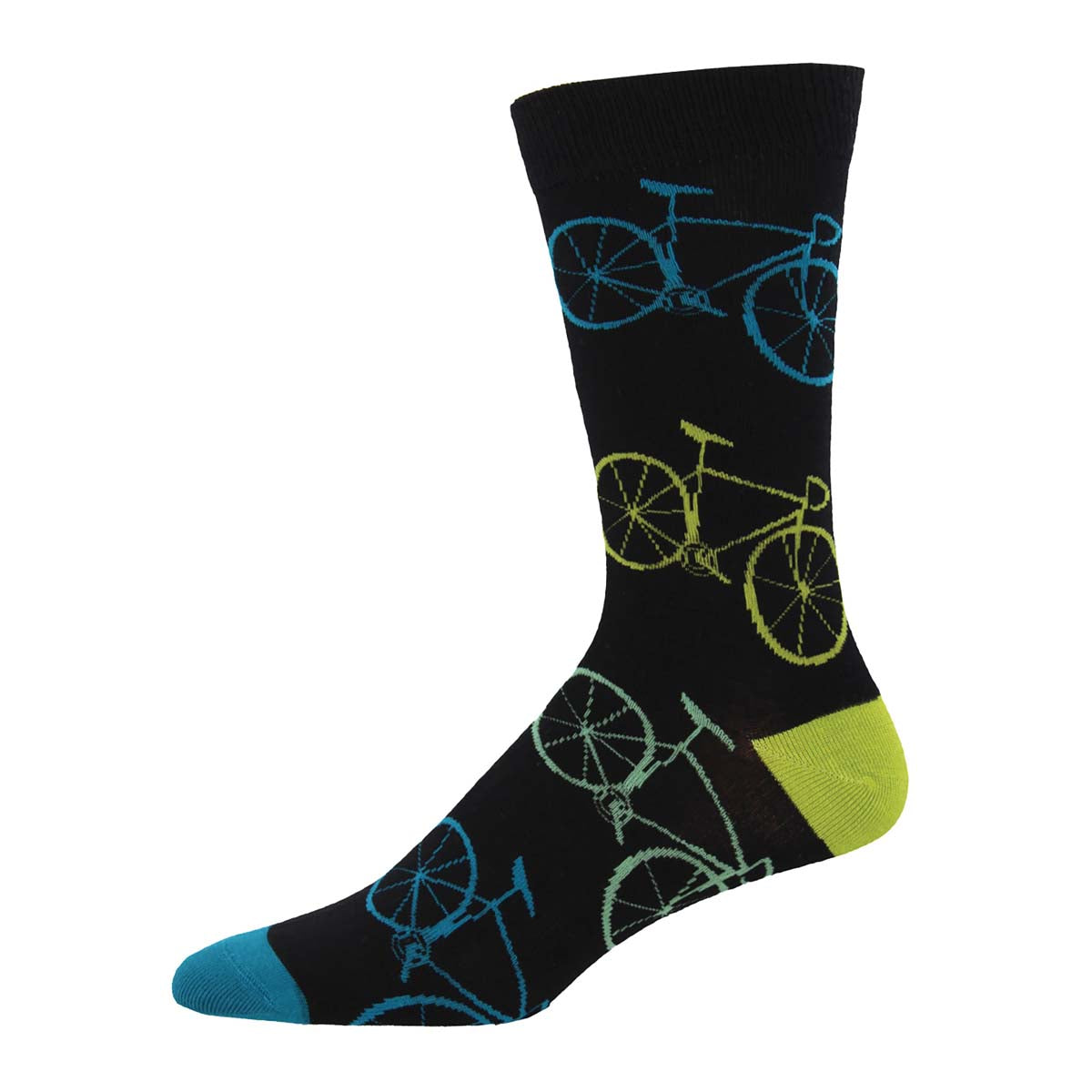 A pair of crew socks with a pattern of bicycles in blue and yellow on a black background.