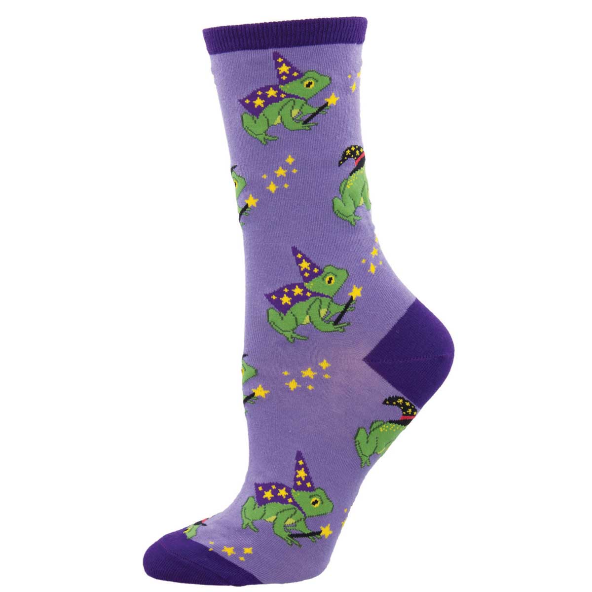A pair of purple novelty cotton crew socks featuring a pattern with cartoon frogs wearing wizard hats and magical motifs.