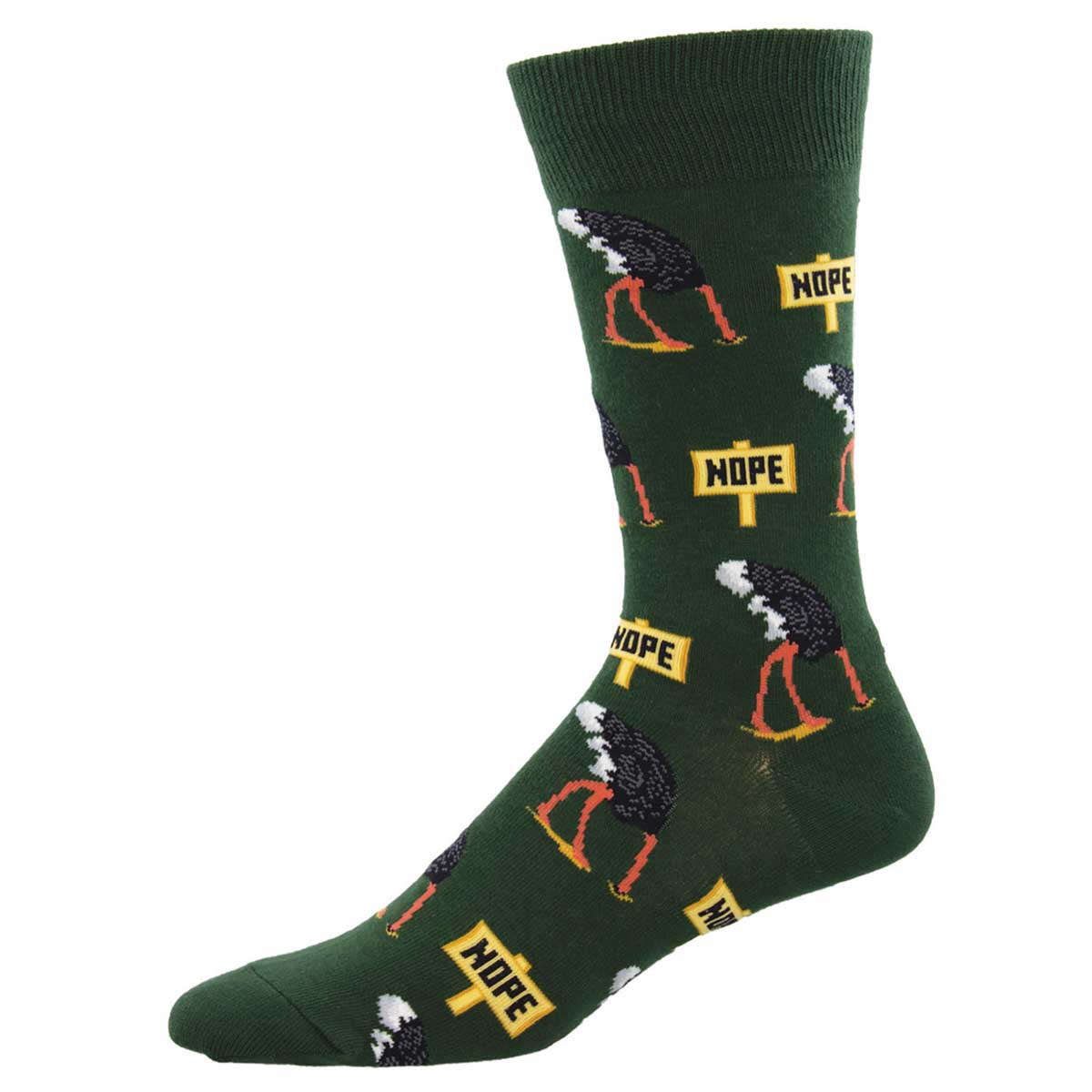 A pair of green novelty cotton crew socks with a pattern featuring ostriches and the word 'NOPE' displayed across the foot and cuff.