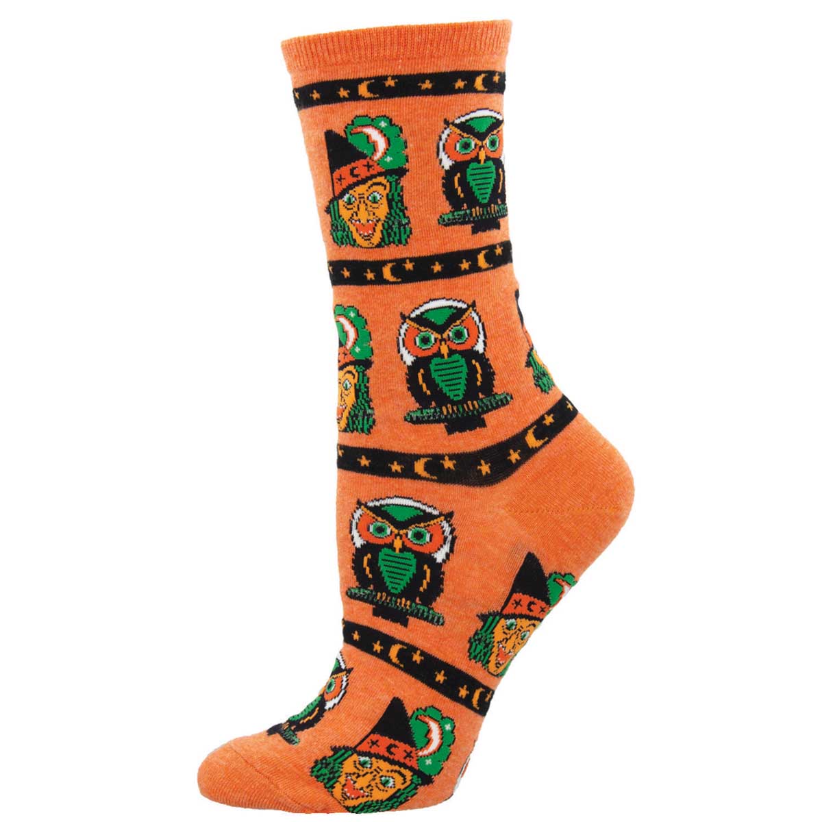 A pair of women's crew socks with a pattern of owls and Halloween-themed designs on a gray background.