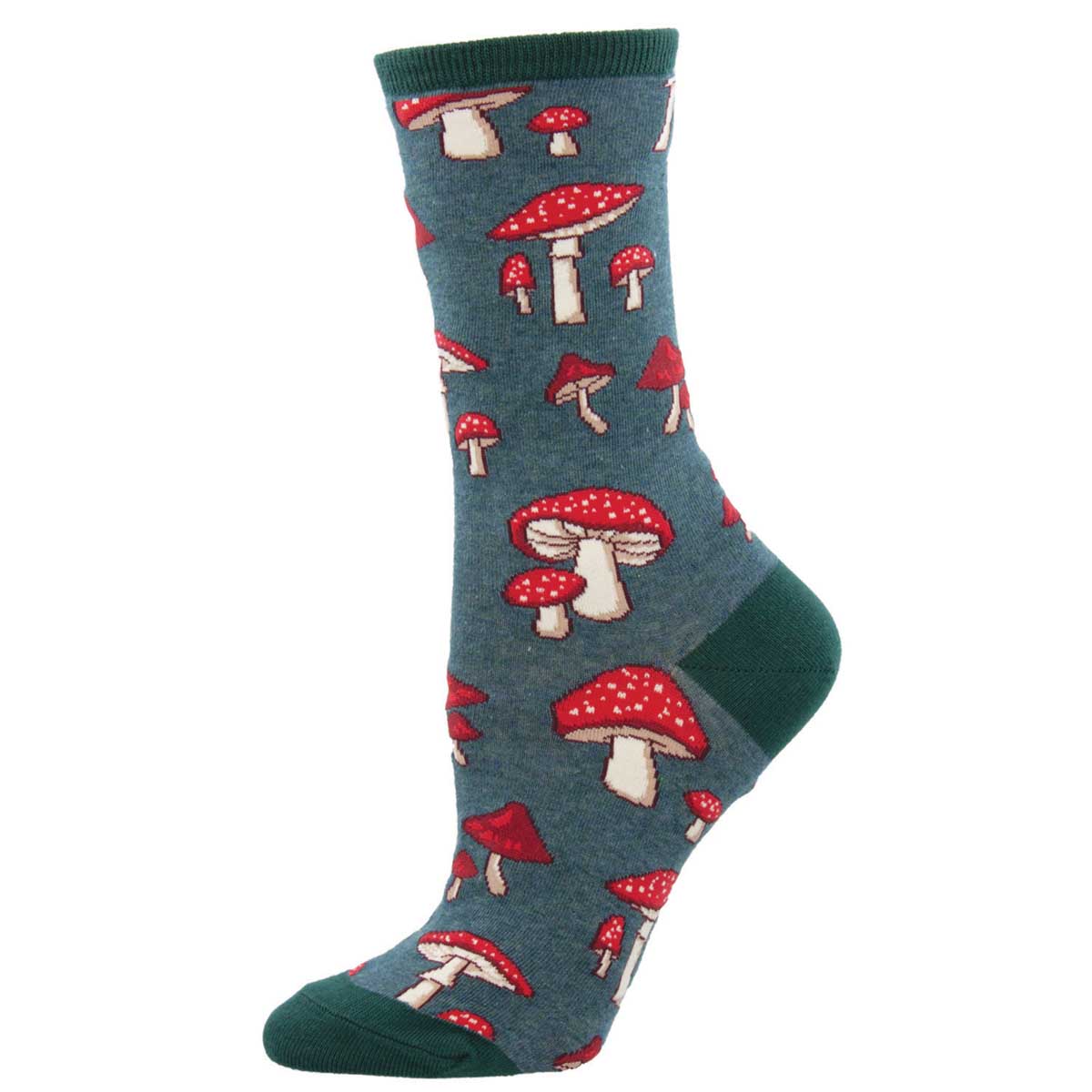 A pair of crew socks with a pattern of red and white mushrooms on a heather green background.