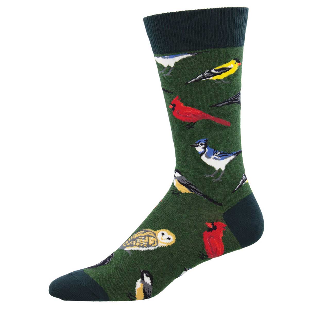 Men's Cotton Crew Socks - Bird Illustrations Design - Green - Socksmith