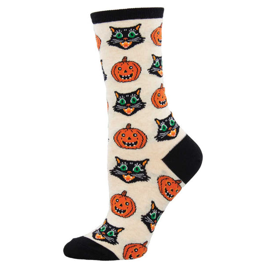 A pair of white crew socks with black and orange pumpkin and cat patterns, designed for women.