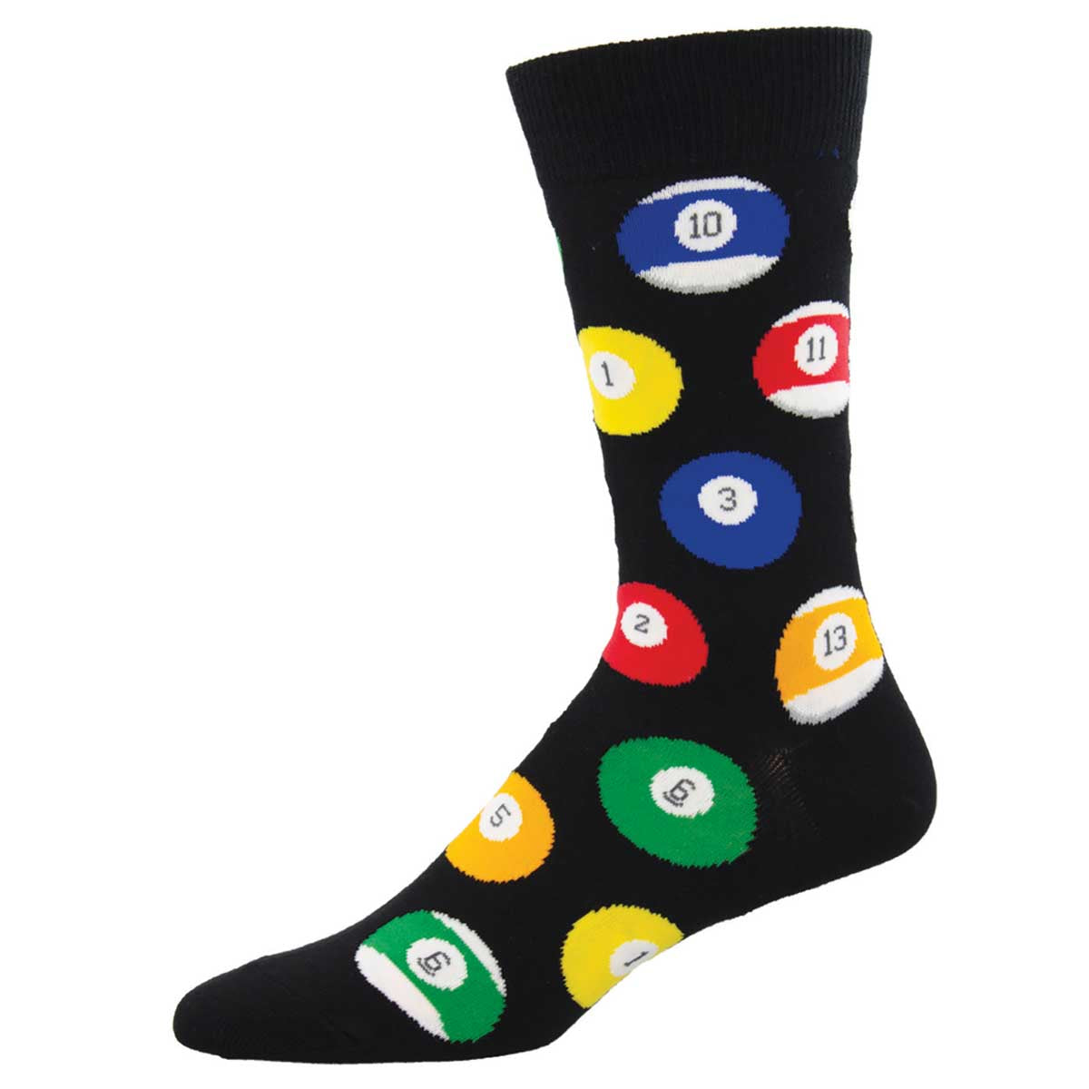 A black crew sock with a pattern of billiard balls in various solid and striped colors and with numbers on them.