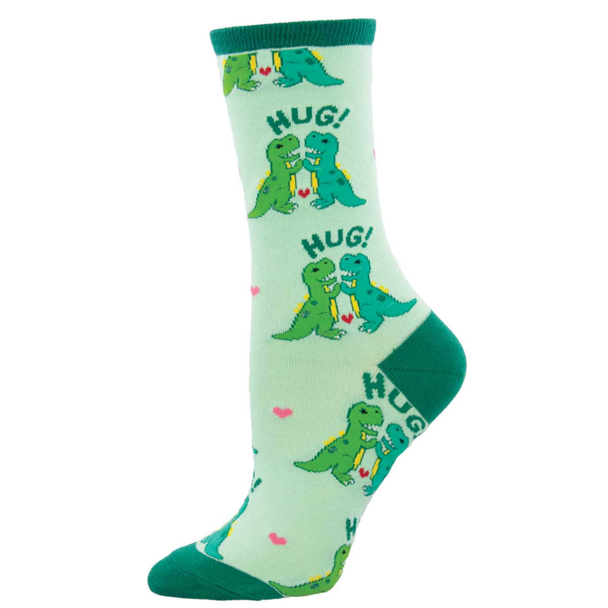 A pair of green crew socks with t-rex dinosaurs designs and the text 'HUG!'