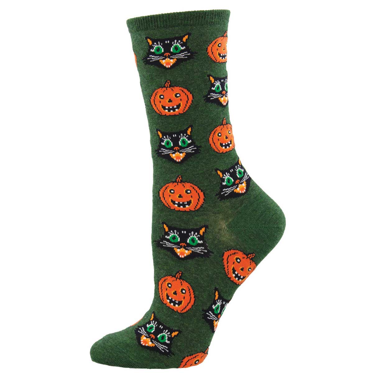A pair of green crew socks with black and orange pumpkin and cat patterns, designed for women.