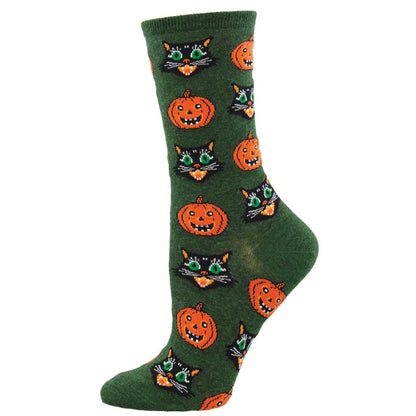 A pair of green crew socks with black and orange pumpkin and cat patterns, designed for women.