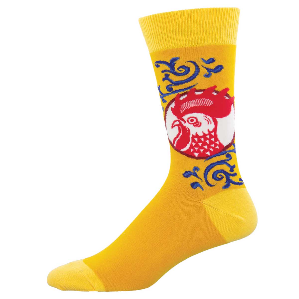 A gold crew sock with a large red rooster design on the calf, featuring yellow trim at the top and bottom of the sock.