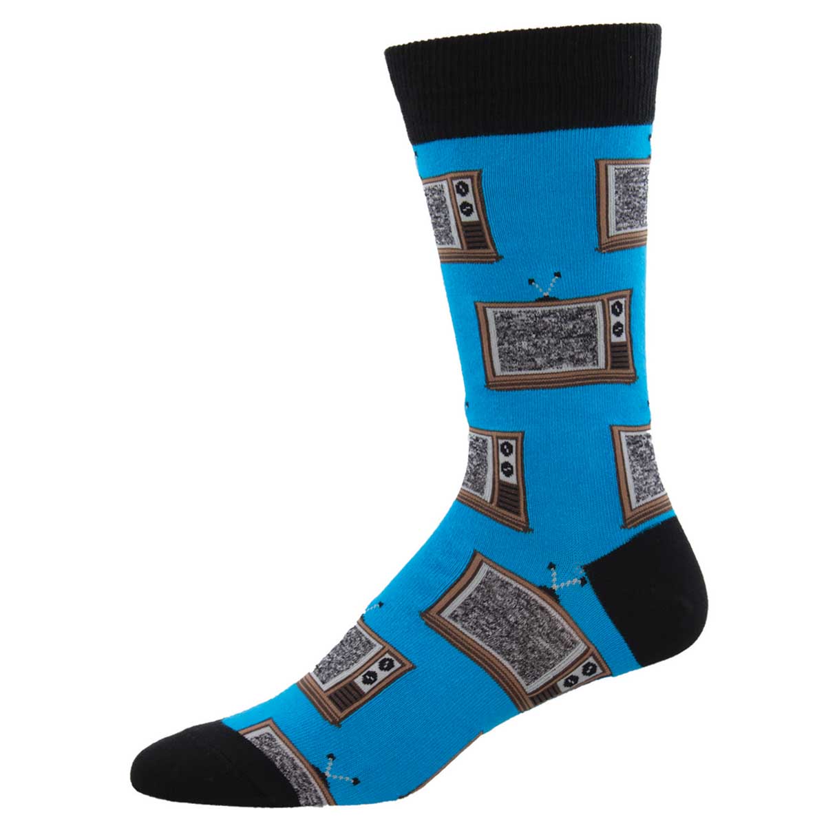 A pair of blue crew socks with a pattern of retro television sets.