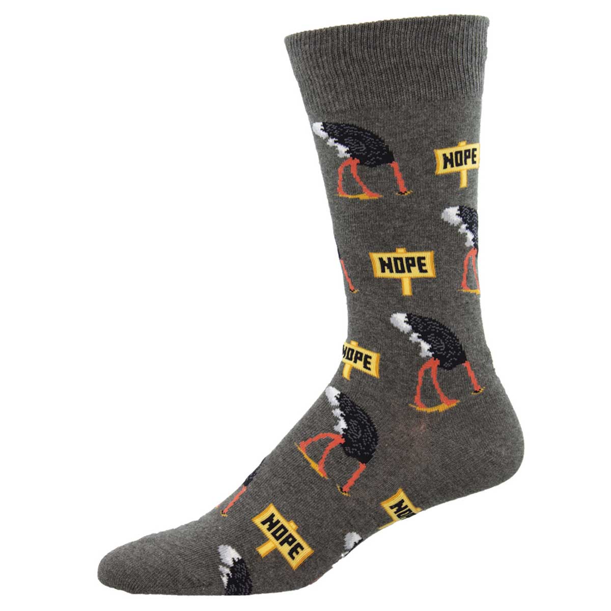 A pair of gray novelty cotton crew socks with a pattern featuring ostriches and the word 'NOPE' displayed across the foot and cuff.
