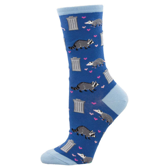 Women's Cotton Crew Socks - Raccoon, Opossum, and Trash Can Pattern with Hearts - Blue - Socksmith