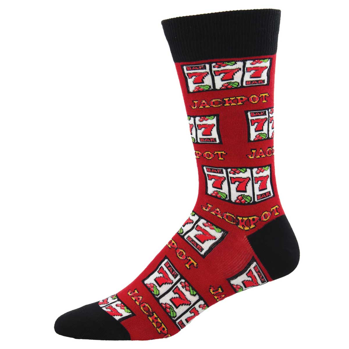 A pair of red cotton crew socks with a jackpot and slot machine design.