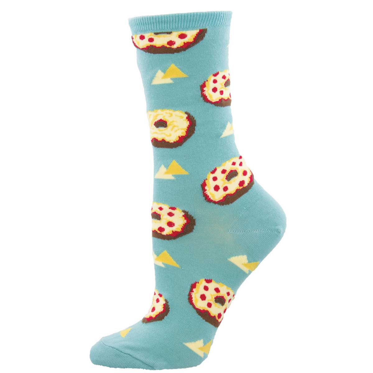 A pair of blue crew socks with a pattern of pizza bagels.