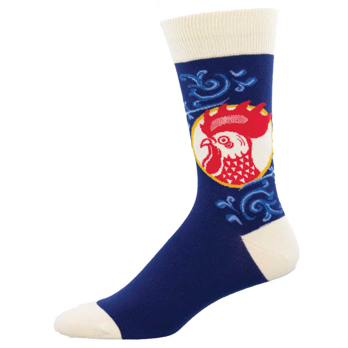 A navy blue crew sock with a large red rooster design on the calf, featuring white trim at the top and bottom of the sock.