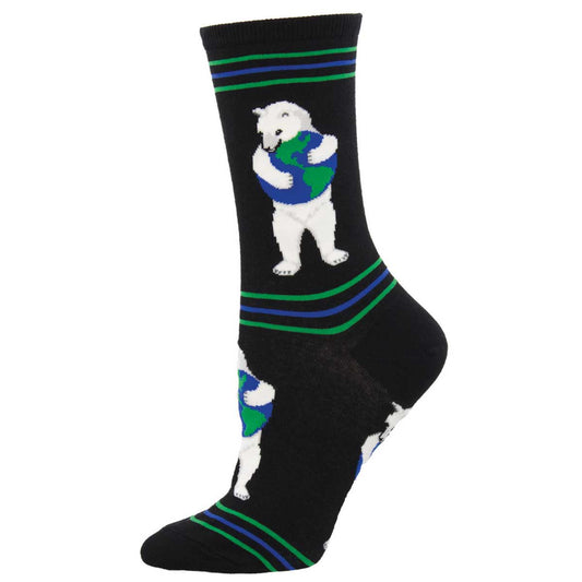 A pair of black crew socks with a white polar bear design holding a blue and green globe, along with geometric patterns of green and blue stripes.