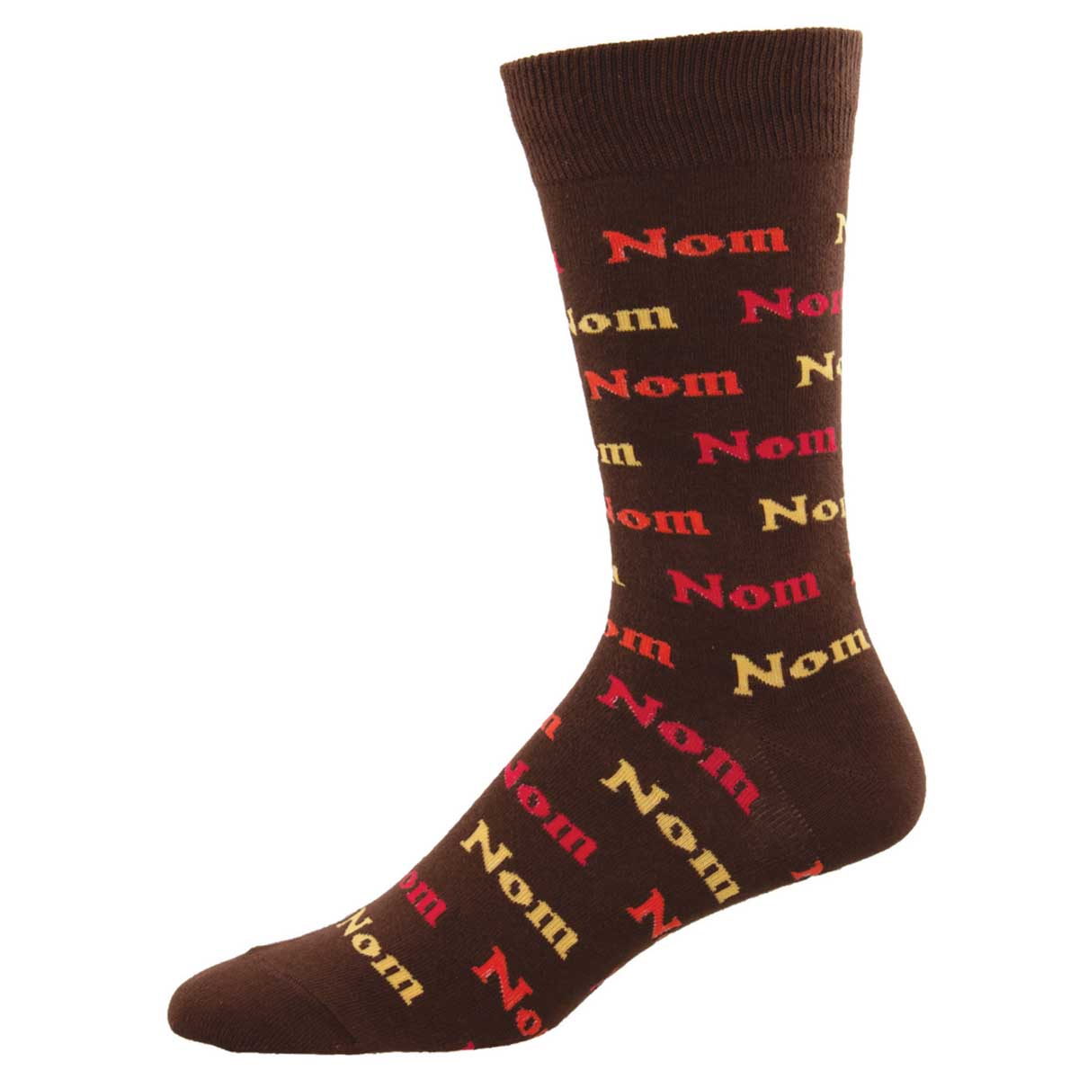 A brown crew sock with the word 'Nom' printed in a repeating pattern in a lighter brown color.