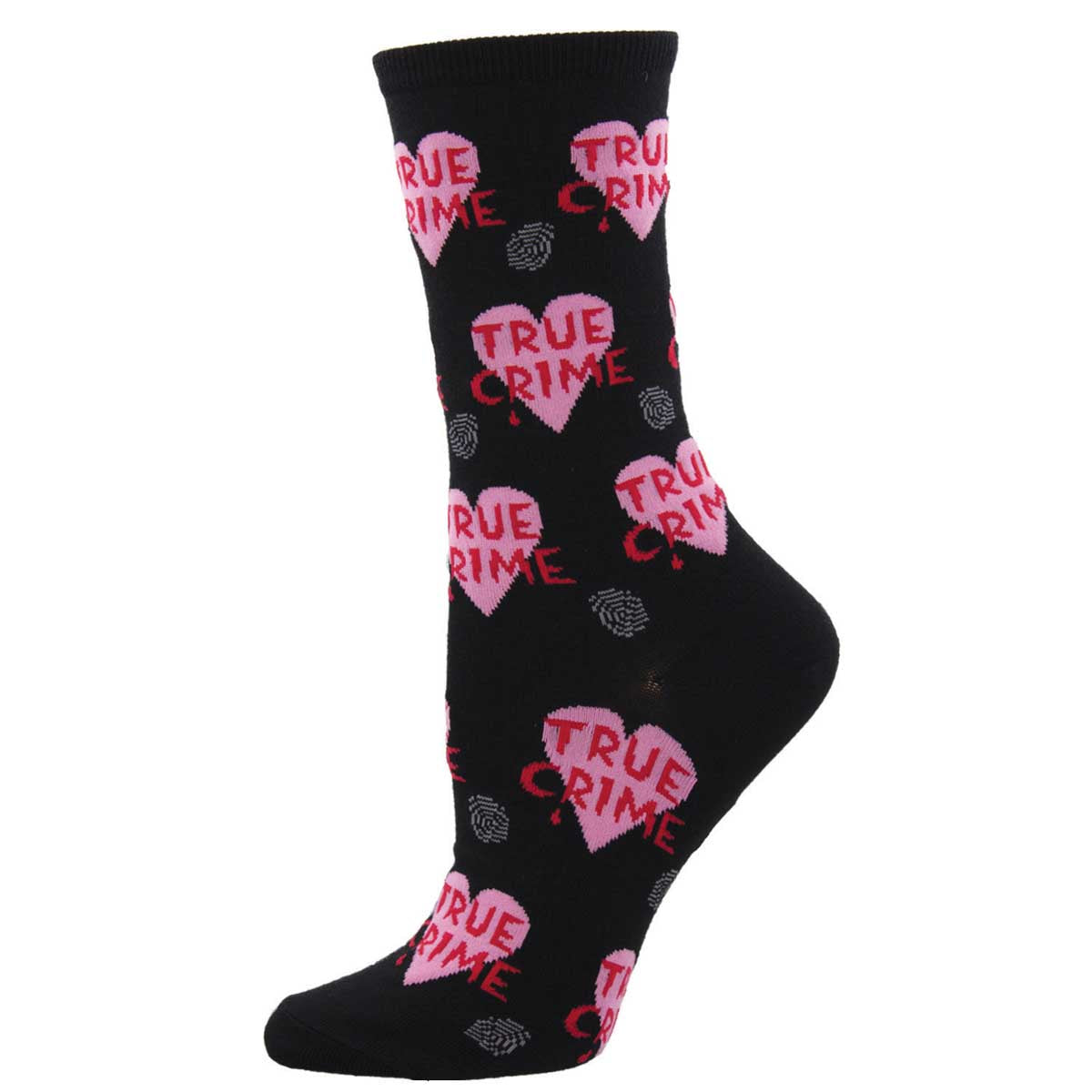 A black sock with the phrase 'true crime' written in a circular pattern with heart shapes around it.