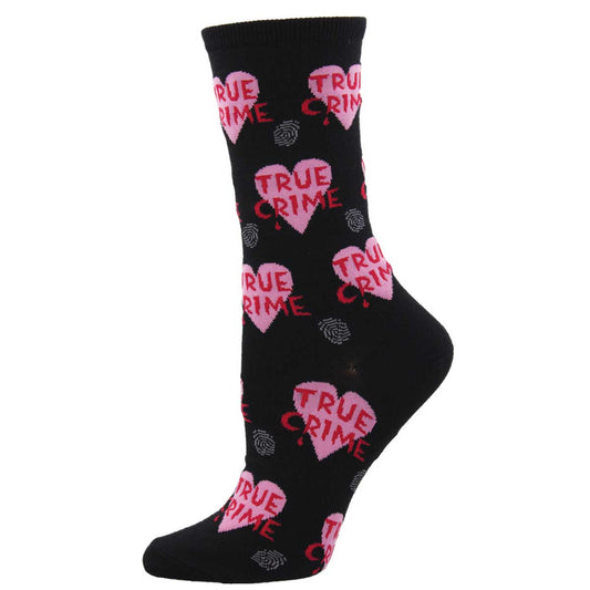 A black sock with the phrase 'true crime' written in a circular pattern with heart shapes around it.