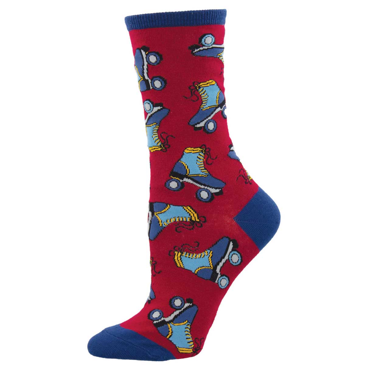 A pair of colorful crew socks featuring a pattern of roller skates on a red background with blue trim.