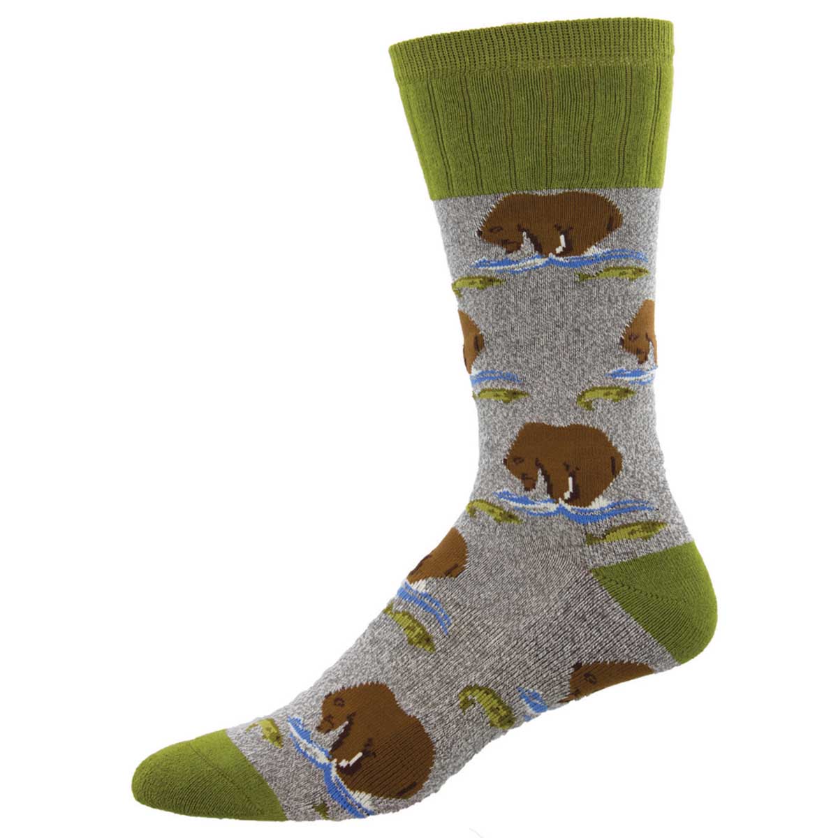 A pair of socks with a pattern that includes brown bears, trees, and water features, set against a gray background. The socks have green cuffs.