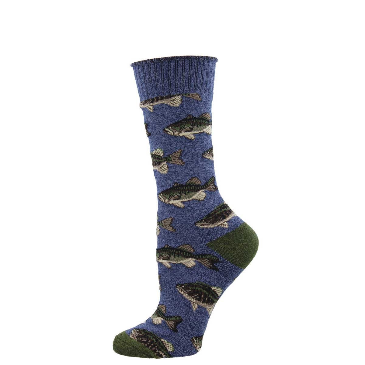 A pair of blue socks with a pattern of fish and underwater imagery.